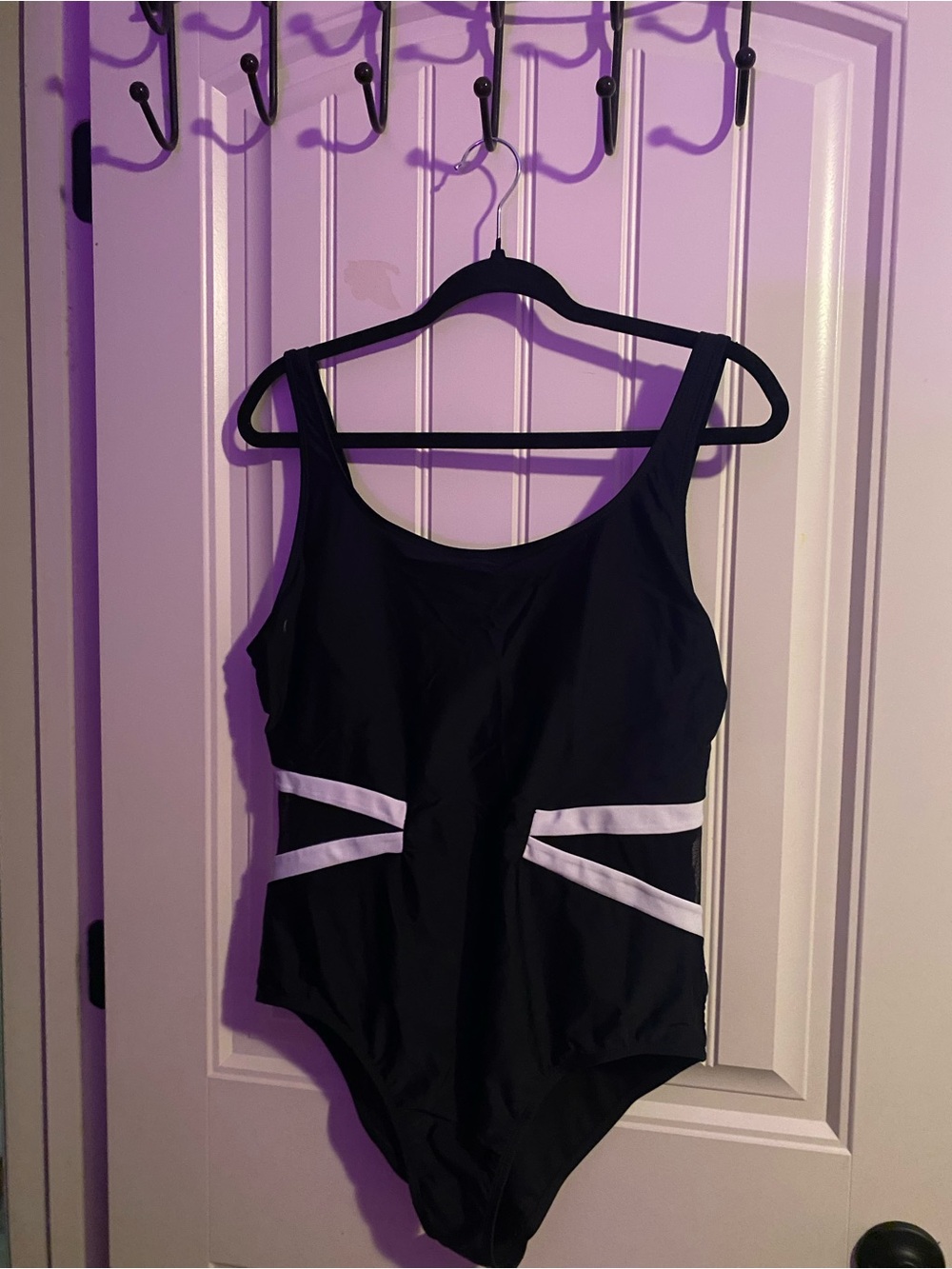 Black One-Piece Swimsuit with White Waist Stripes